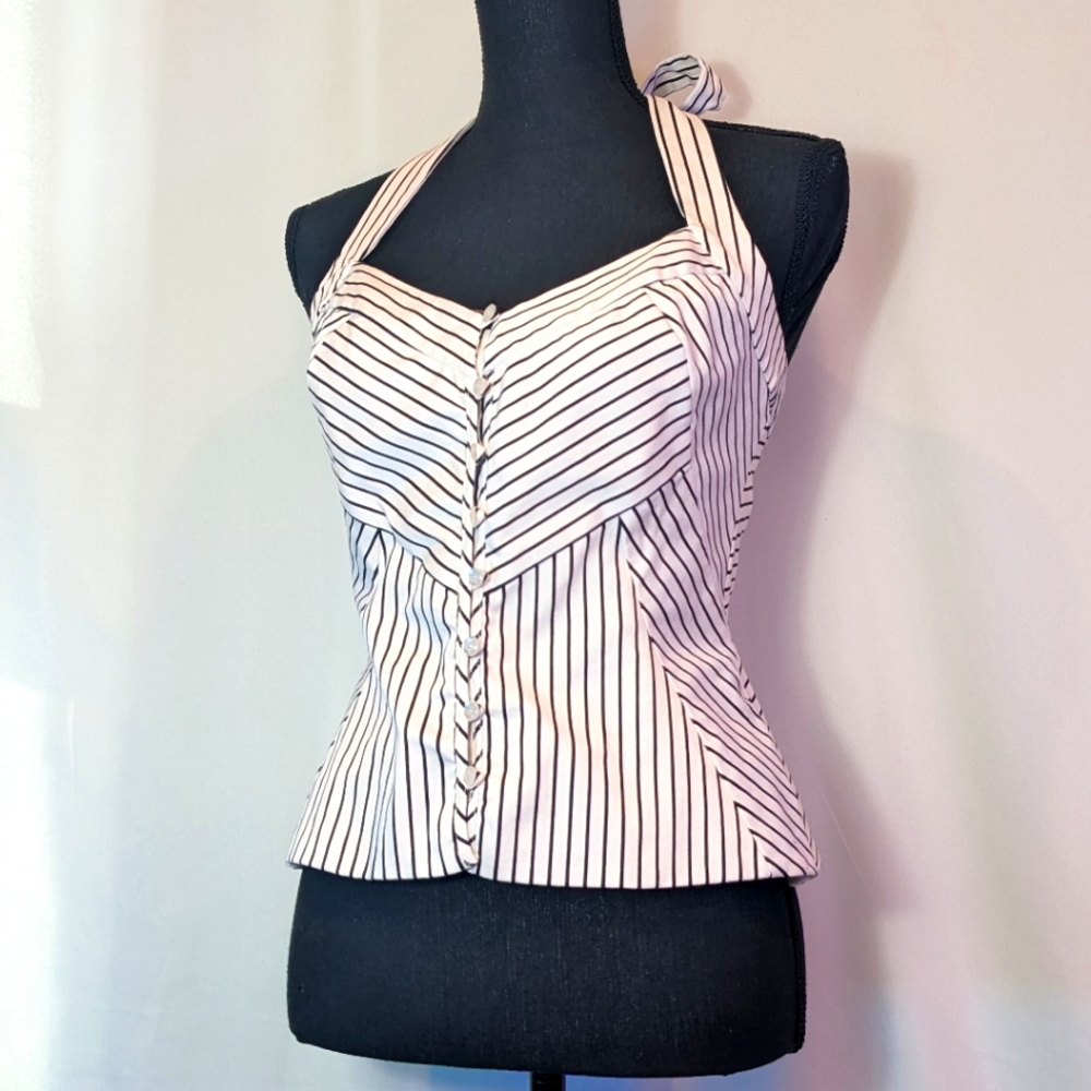 White House | Black Market Striped Corset Top, Halter Neck